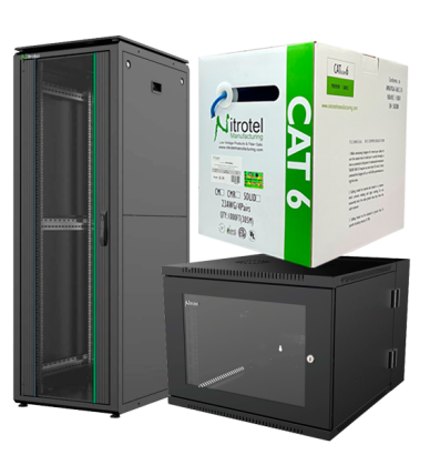Portafolio completo Nitrotel: gabinetes, racks, bobinas de fibra, cajas CAT6, fusionadora y patch cords